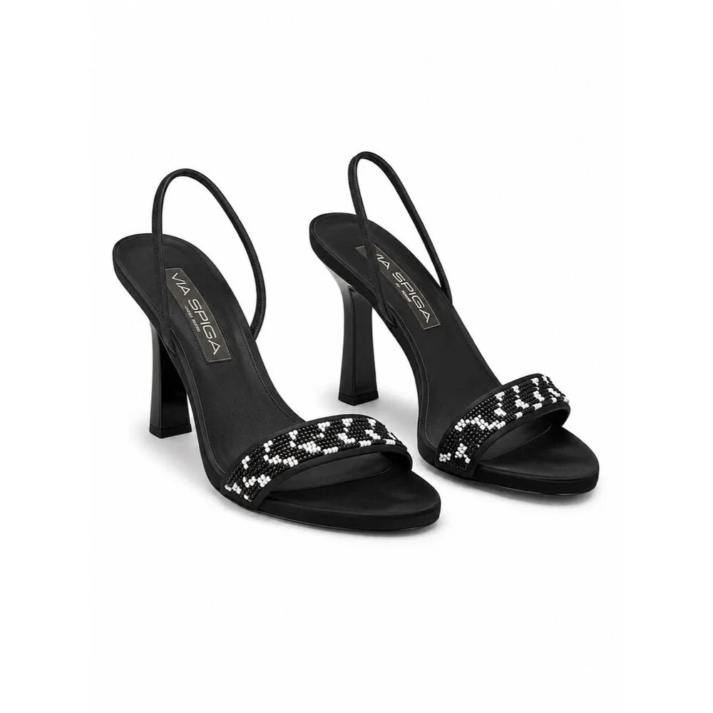 Via Spiga Black Beaded Slingback Heels 7.5M Open Toe Evening Sandals Italy